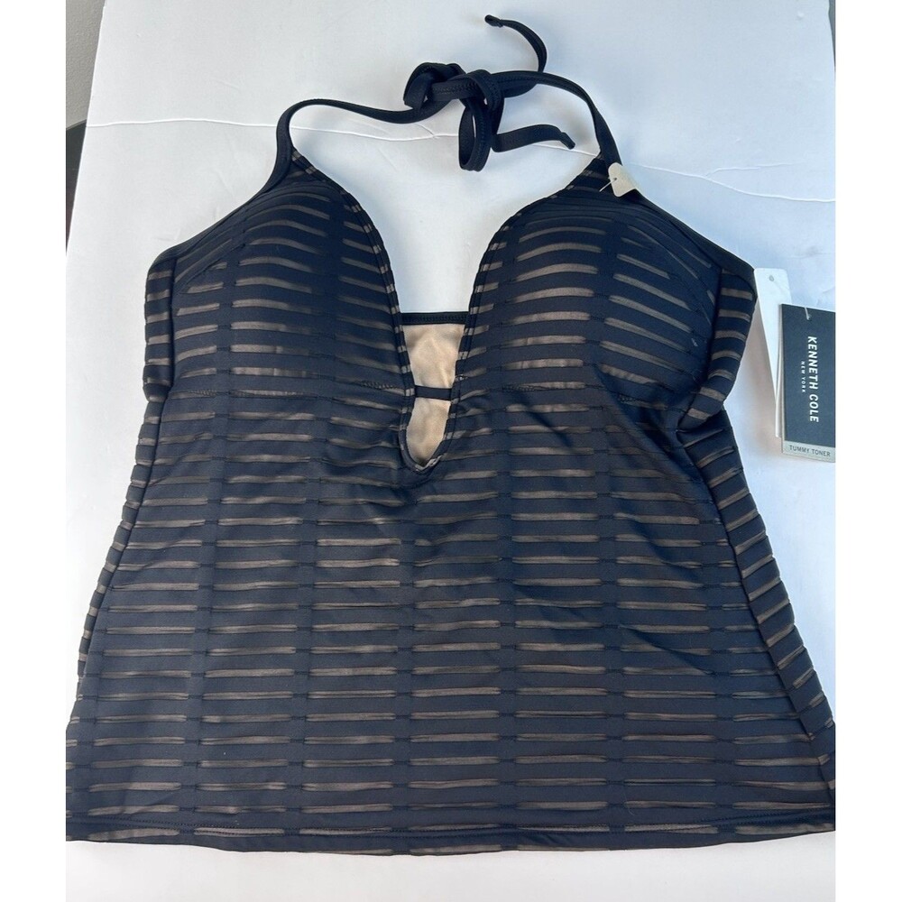 Kenneth Cole Black illusion Tankini Top Tummy Control Push Up Size L NWT